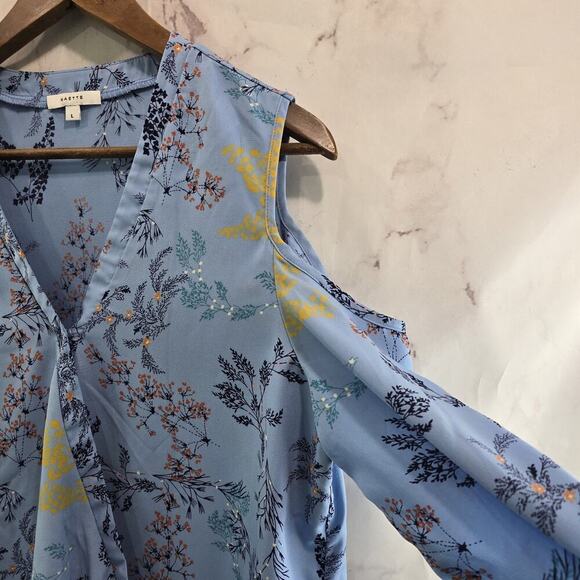 Maette Stella Dot Blouse Womens Large Blue Floral Cut Out Cold Shoulder Slouchy - Picture 13 of 13